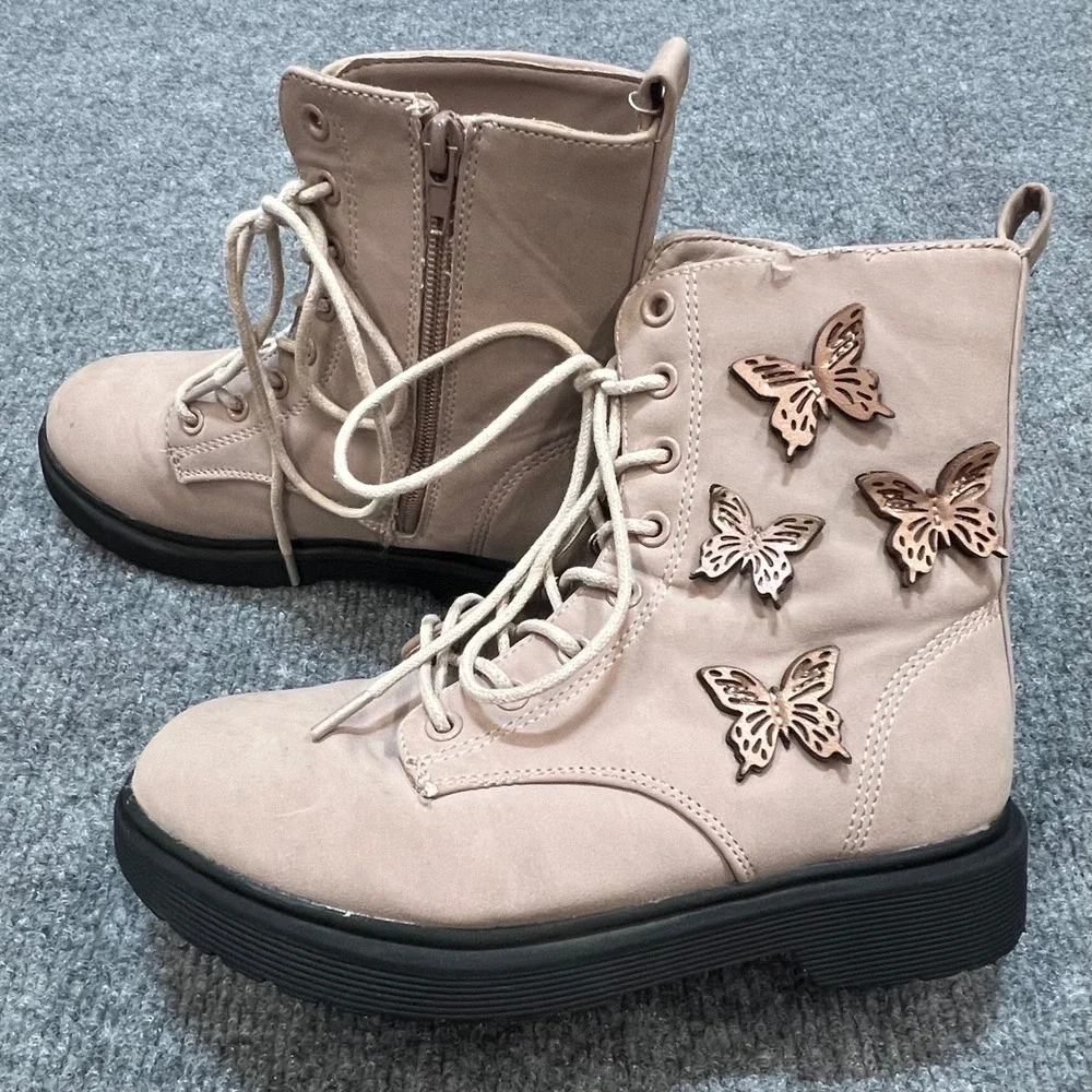 Madden Girl JLEXIE Girls Pink Butterfly Combat Boots Lug Sole Size 2